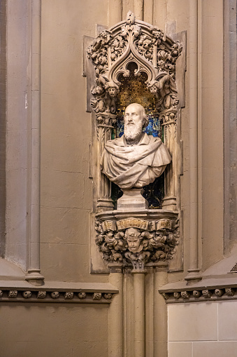 Marble bust of a man in the Grace Church at Broadway in the center of Manhattan