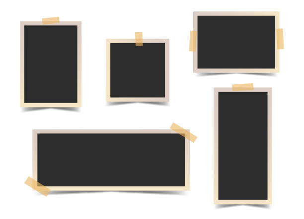 istock Set of black photo frames different formats with beige adhesive tape. Vector realistic mockup. Vertical, Horizontal, Wide, Square Blank Templates. Five empty photo cards with border. EPS10. 1410835759