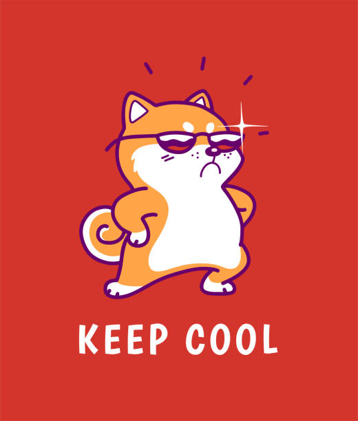 Cool cute shiba inu dog with lettering Cool cartoon shiba inu dog with dark glasses on the red background. Keep cool illustration. keeping cool stock illustrations