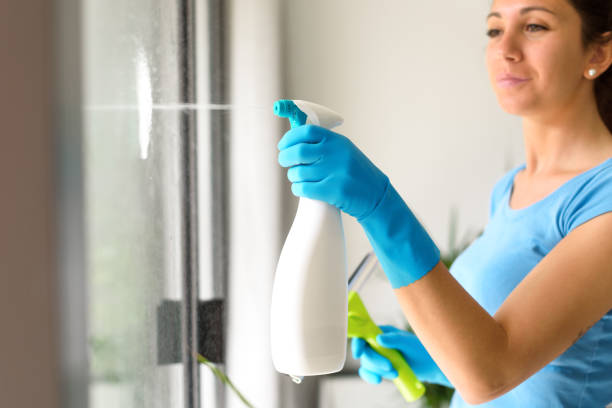 istock Woman spraying detergent on a window 1410837086