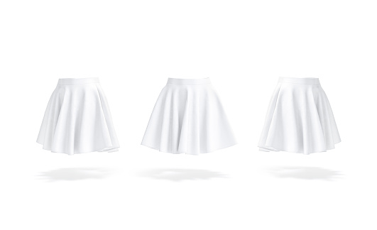 Blank white women mini skirt mockup, front and side view, 3d rendering. Empty a-line asymmetric dress for girl mock up, isolated. Clear circle fabric miniskirt or short gown template.
