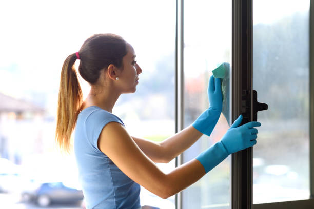 istock Woman cleaning windows at home 1410837634