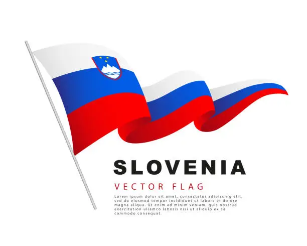 Vector illustration of The flag of Slovenia hangs on a flagpole and flutters in the wind. Vector illustration isolated on white background.