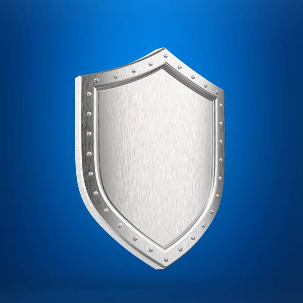 Metal shield, Silver shield. 3d illustration of shield front view on gray background. Metal shield isolated