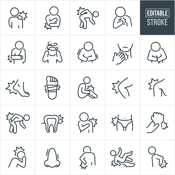 Pain And Discomfort Thin Line Icons - Editable Stroke A set of pain and discomfort icons that include editable strokes or outlines using the EPS vector file. The icons include a person with shoulder pain, person with elbow pain, person hurting their back by bending over, person experiencing, chest pain, person with pain in arm and wearing a sling, person experiencing a headache, person with body aches, person with sore throat, person with stomachache, foot with foot pain, person with knee pain, shoulder pain, person with hip pain, tooth with toothache, woman with hip pain, hand with wrist pain, person experiencing a migraine headache, person with back pain holding back, and a person being injured by slipping and falling. pain stock illustrations