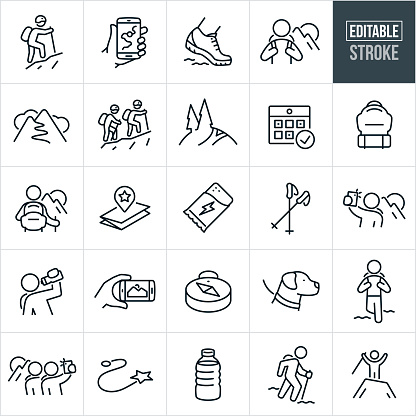 A set of hiking icons that include editable strokes or outlines using the EPS vector file. The icons include a person hiking up a mountain with trekking pole and helmet, hand holding a smartphone with hiking GPS, foot with hiking shoe hiking, hiker holding straps to backpack with mountains in the background, mountain with hiking trail, two hikers hiking up mountain face with hiking poles and backpacks, hiking trail on mountain, hiking pack, hiker with pack looking at mountain to hike, map with marker, energy bar, trekking poles, hiker taking selfie with mountain range in the background, hiker drinking from water bottle, picture of mountain range being hiked, compass, two hikers taking selfie with mountain range in background, hiker hiking, water bottle full of water, dog on lease and a hiker with arms raised standing on the summit of a mountain.