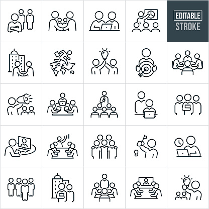 A set of business people icons that include editable strokes or outlines using the EPS vector file. The icons include a business person with arms folded and co-workers in the background, two business people shaking hands with co-workers next to them, two business people sitting at laptop computer collaborating, businessman giving presentation to group of employees, two colleagues making a deal by shaking hands with business building in background, businessperson jumping continents to make international business deal, two co-workers holding up a lightbulb together, businessman holding a target with an arrow in the bulls-eye, group of employees sitting at table working, business leader shouting through bullhorn to employees, group of business people sitting at a table working on laptops, business person giving presentation to an audience of people, group of business people standing together facing camera, business person holding briefcase with employees in background, group of white collar workers seated at conference table in a conference room, group of employees with arms around shoulders, businessman with key to lock, businesswoman seated at laptop computer, worker taking notes at computer, two business people standing in front of high-rise business buildings, manager leading a meeting in a boardroom, group of white collar workers sitting at table in boardroom watching a video conference and a business person holding up a lightbulb with co-workers in the background.