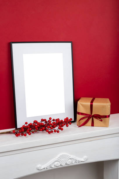 istock Mock up poster. Minimal template with empty picture frame mock up. Minimalist Christmas interior decoration 1410842914