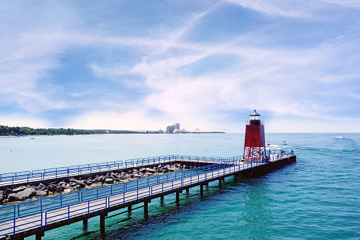 Charlevoix South Pier Light Station on the shore of Lake Michigan