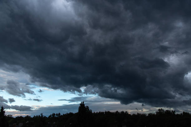istock Stormy sky with trees in the forest silhouetes 1410844967