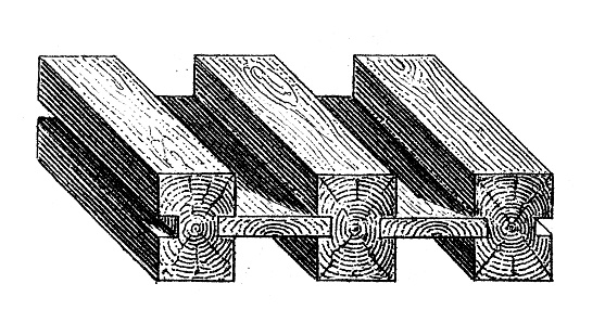 Antique illustration: constructions and architecture: Timber frames and joints