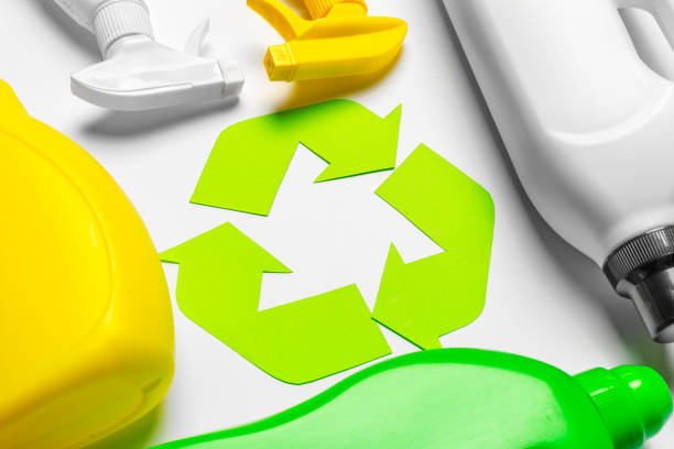 istock Eco concept with recycling symbol on table background top view 1410846929