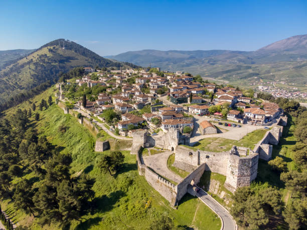 Berat old town castle on the hill Drone view of Berati, ALbanian old town berat stock pictures, royalty-free photos & images