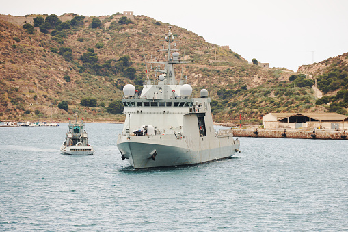15th June, 2022.  Frigate warship sails into in the harbour port of Cartagena in Spain