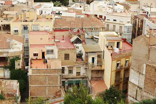 15th June, 2022.  Higgledy piggledy residential buildings in the historical town of Cartagena in Spain.