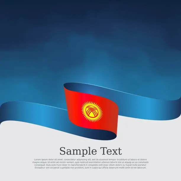 Vector illustration of Kyrgyzstan flag on blue white background. Wavy ribbon with kyrgyz flag. Vector banner design, kyrgyzstan national poster. Cover for business booklet. State patriotic, brochure