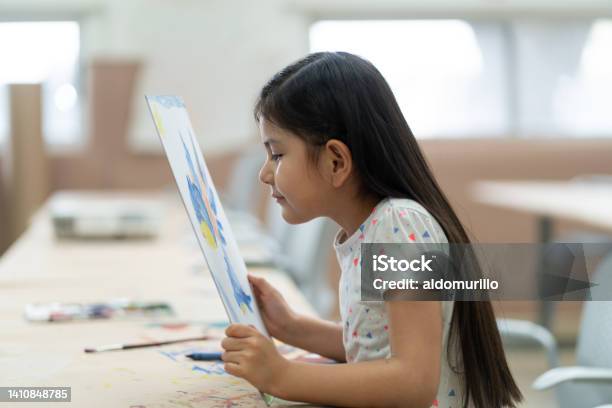 Little Girl Looking At Painting Very Close Stock Photo - Download Image Now - Myopia, Child, 4-5 Years