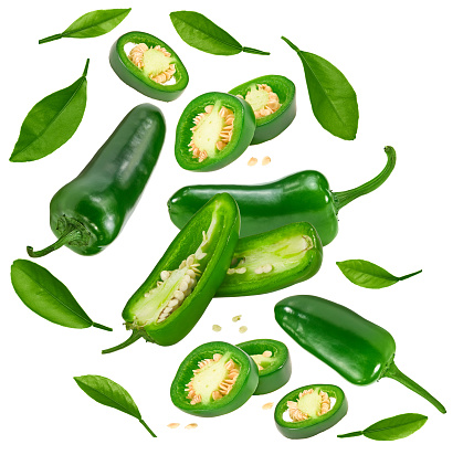 flying jalapeno chili peppers isolated on white background Capsicum annuum fruits. clipping path