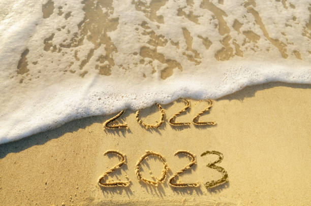 istock New Year 2023 on the beach. 1410851010