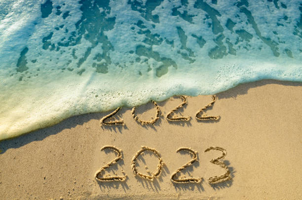 istock New Year 2023 on the beach. 1410851035