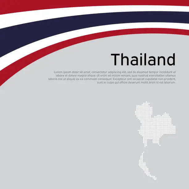 Vector illustration of Abstract waving Thailand flag, mosaic map. National thai poster. State thailand patriotic cover, flyer. Creative background for design of patriotic holiday card. Vector tricolor design