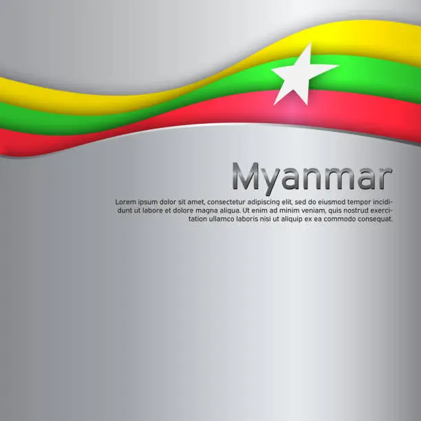 Vector illustration of Abstract waving myanmar flag. Creative metal background for design of patriotic holiday card. National poster. State myanmar patriotic cover, flyer. Paper cut style. Vector tricolor design