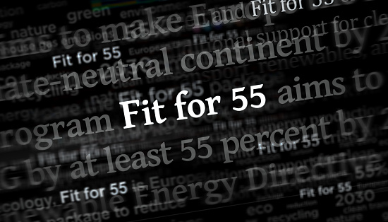 Headline news across international media with Fit for 55 green deal reduce the greenhouse gas emissions. Abstract concept of news titles on noise displays. TV glitch effect 3d illustration.