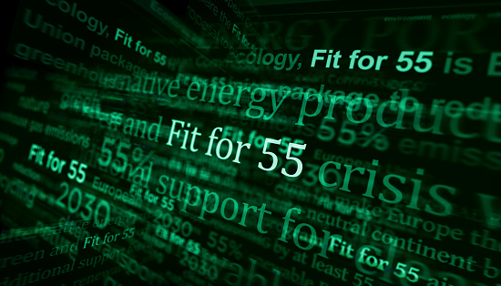 Headline news across international media with Fit for 55 green deal reduce the greenhouse gas emissions. Abstract concept of news titles on noise displays. TV glitch effect 3d illustration.