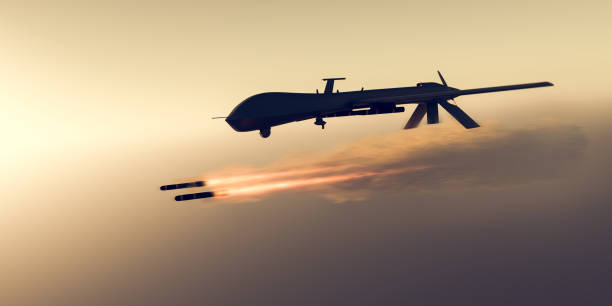 istock Military combat drone UAV launching missiles 1410858236