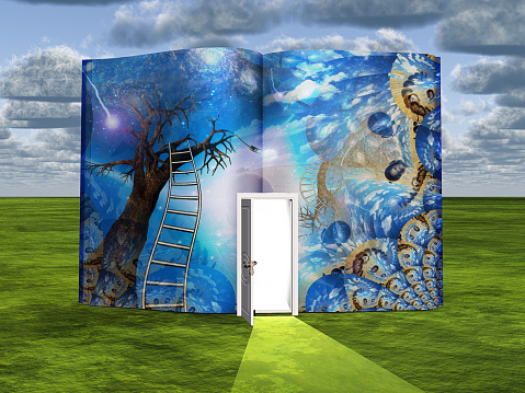 Book with opened door and surreal painting. 3D rendering
