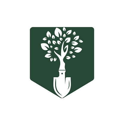 istock Shovel tree vector logo design. Green garden environment logo design template. 1410859728