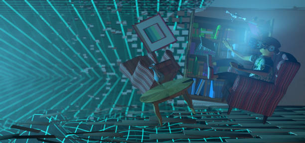 istock Young man seen from the side wearing virtual reality glasses with blue light jumping on an old armchair that floats in his disintegrating living room. 3D Illustration 1410861254