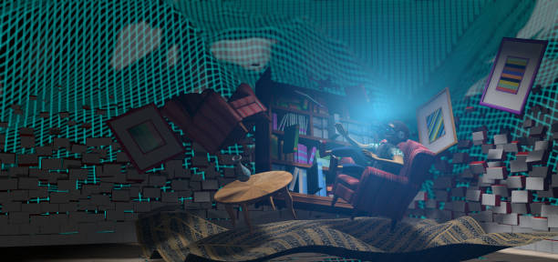 Young man seen from above wearing virtual reality glasses with blue light jumping on an old armchair in his living room that disintegrates and all objects begin to float. 3D Illustration