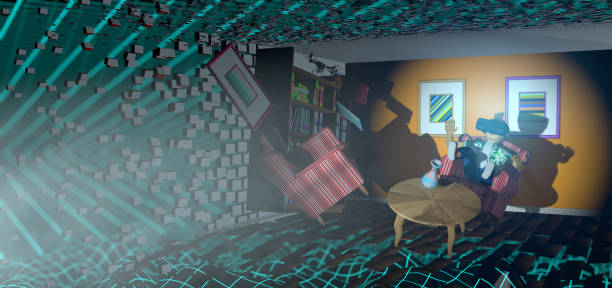 Young man seen from the front wearing virtual reality glasses with blue light jumping on an old armchair that floats in his disintegrating living room. 3D Illustration