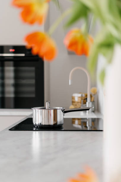 istock Shiny metal saucepan on induction cooker hob 1410861454