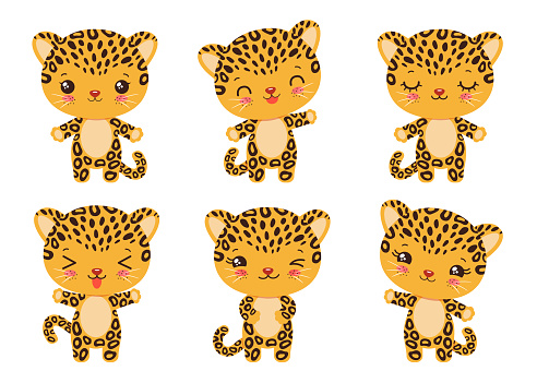 Baby leopard jaguar cheetah cub cute character. Chibi style. Adorable little safari animal.