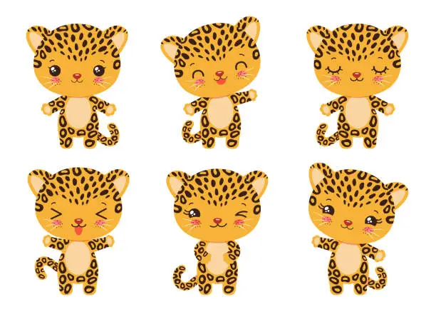 Vector illustration of Kawaii leopard cheetah emoticon - calm, happy, laughing, smiling, waving, winking. Various facial expressions.