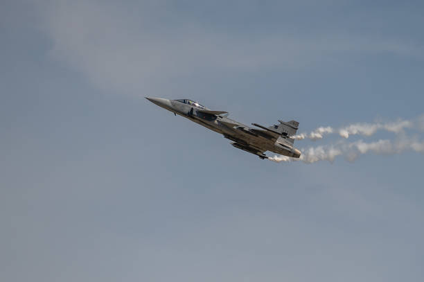 Fairford, UK - July 17th 2022: Saab Gripen fighter of the Swedish Air Force performing a low speed high angle of attack manoeuvre