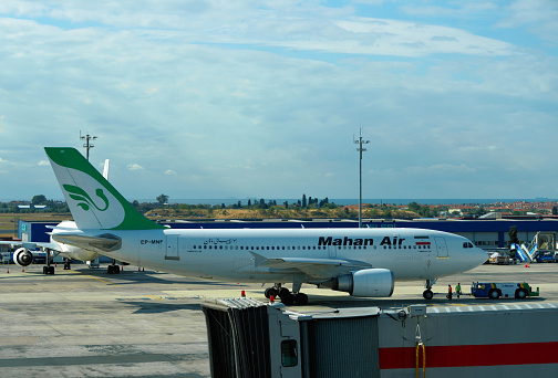 Istanbul, Turkey: Mahan Air Airbus A310-304,  MSN 547, registration EP-MNF, with tug. Mahan Air (Persian هواپیمایی ماهان) is the largest private Iranian airline based at Tehran Mehrabad Airport . Mahan Air was founded in 1991 by the son of the then Iranian President Akbar Hashemi Rafsanjani in Kerman. The name of Mahan is taken from the historical city of Mahan in Kerman Province.
