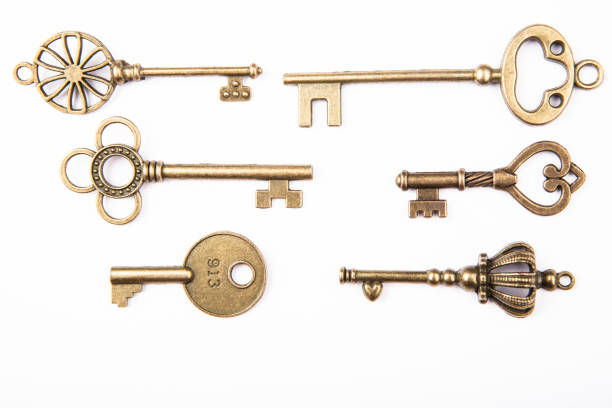 Set of vintage golden skeleton keys isolated on white background