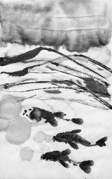 istock Fish at the surface of the water. Ecosystem. Sumi-e. 1410868668