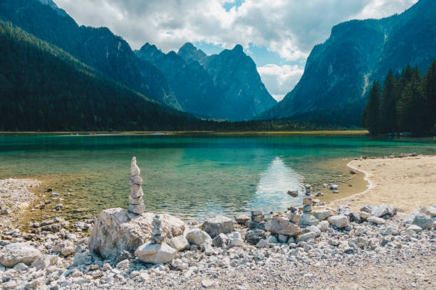 Cairns at Toblacher See (Lago di Dobbiaco) in South Tyrol, Italy