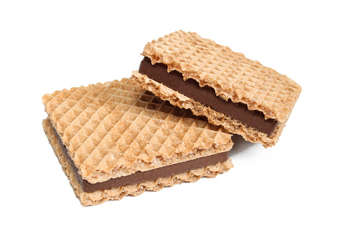 Two chocolate wafers isolated on white background.Cocoa filled Sandwich wafers