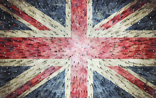 Crowd of people on UK flag. British society together. 3D illustration