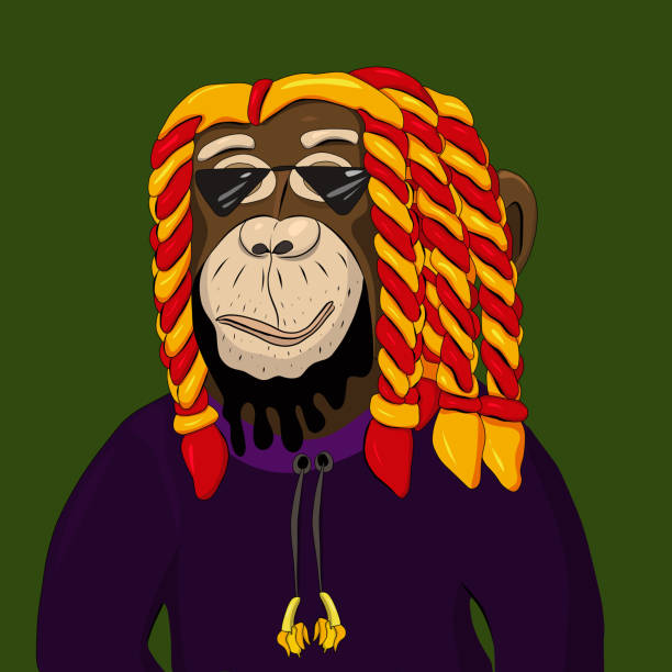 NFT monkey Cool monkey character NFT art variant. Monkey with sun glasses and swap dreadlocks cartoon illustration. colorful vector drawing. Metaverse avatar non fungible token stock illustrations