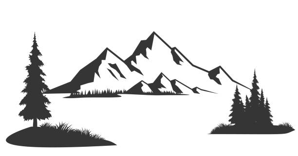 Mountains silhouettes. Mountains vector, Mountains vector of outdoor design elements, Mountain scenery, trees, pine vector, Mountain scenery. Mountains silhouettes. Mountains vector, Mountains vector of outdoor design elements, Mountain scenery, trees, pine vector, Mountain scenery black and white sports silhouette stock illustrations