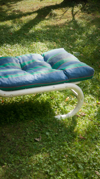 istock Deck chair with cushion in a green garden 1410872205