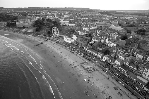 aerial view of South Bay Beach and Harbour\n Scarborough,  North Yorkshire England