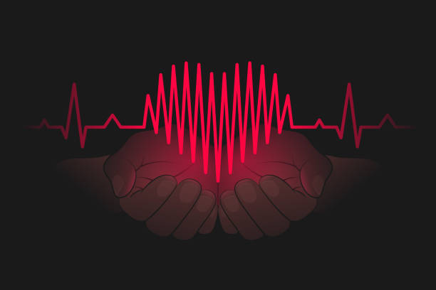 Heartbeat chart shaped like heart symbol on open palms in the dark vector art illustration