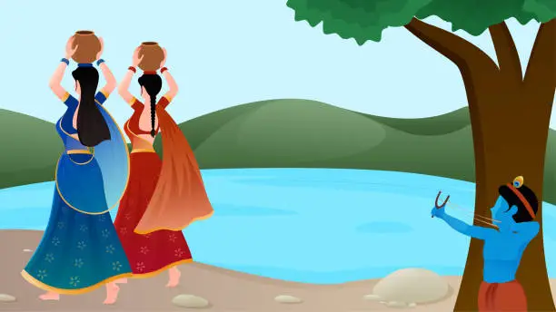 Vector illustration of Bal Krishna with Gulel and Gopi with matki vector illustration, Happy Janmashtami vector illustration.